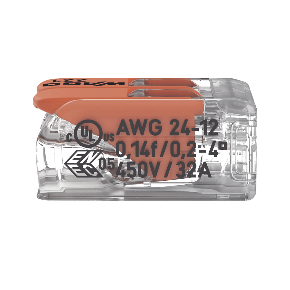 Borna de Conexión / Serie 221 / Palancas Naranja / 2 Conductores 4 mm² / Carcasa Transparente / 300V 20A / T85 / UL ENEC Certificado - Imagen 4