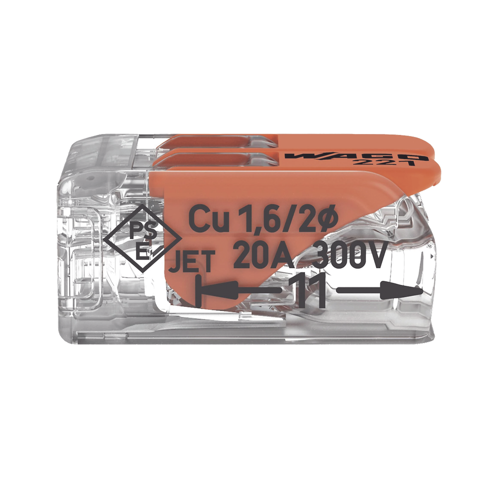 Borna de Conexión / Serie 221 / Palancas Naranja / 2 Conductores 4 mm² / Carcasa Transparente / 300V 20A / T85 / UL ENEC Certificado - Imagen 3