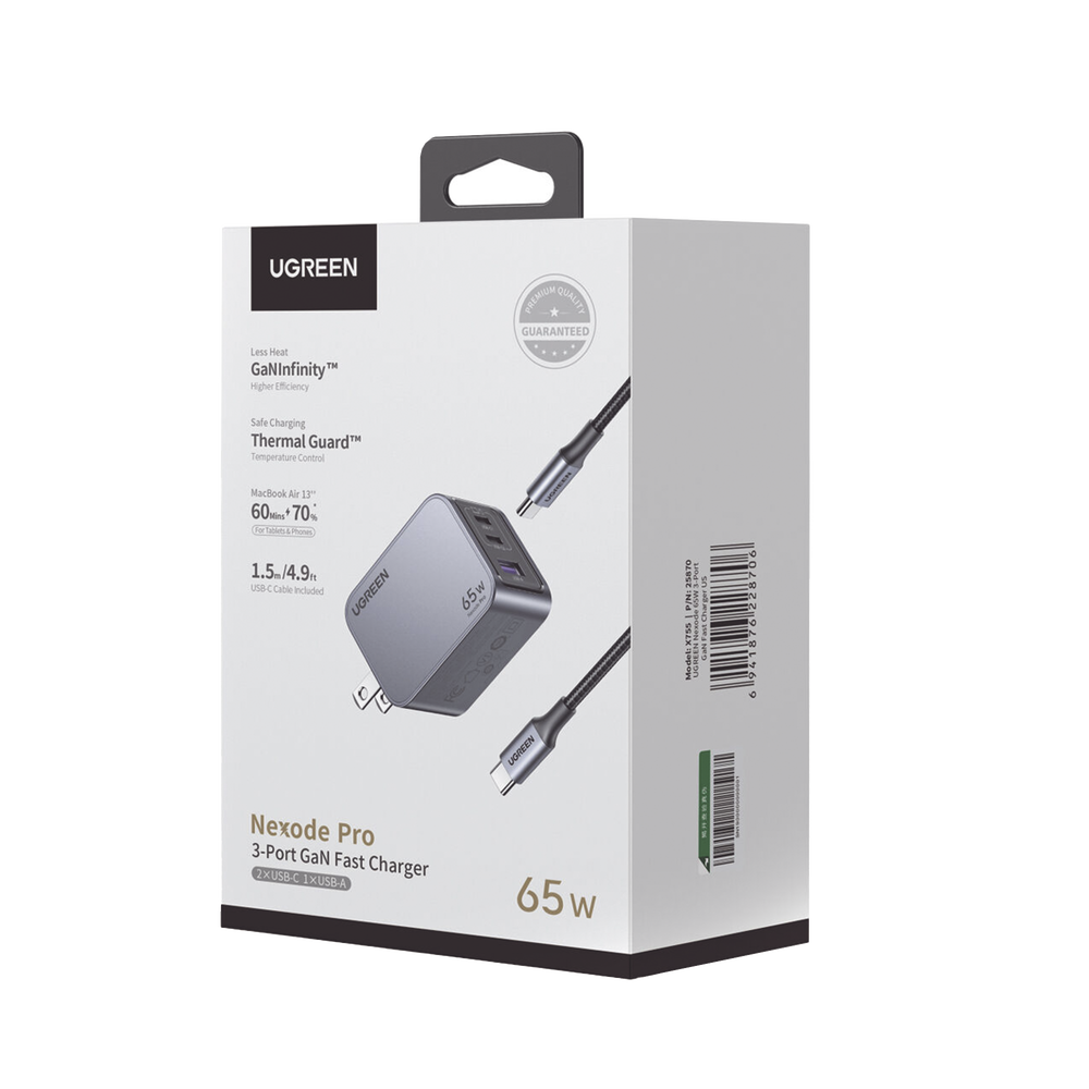 Cargador de 65W serie Nexode Pro | 3 Puertos de Carga Rápida | 2 USB-C | 1 USB-A | Tecnología GaNInfinity | PD3.1 de 65W / QC4.0 | Tecnología de Protección Térmica | Optimiza la Carga | Caja de Aluminio | Incluye Cable U - Imagen 3
