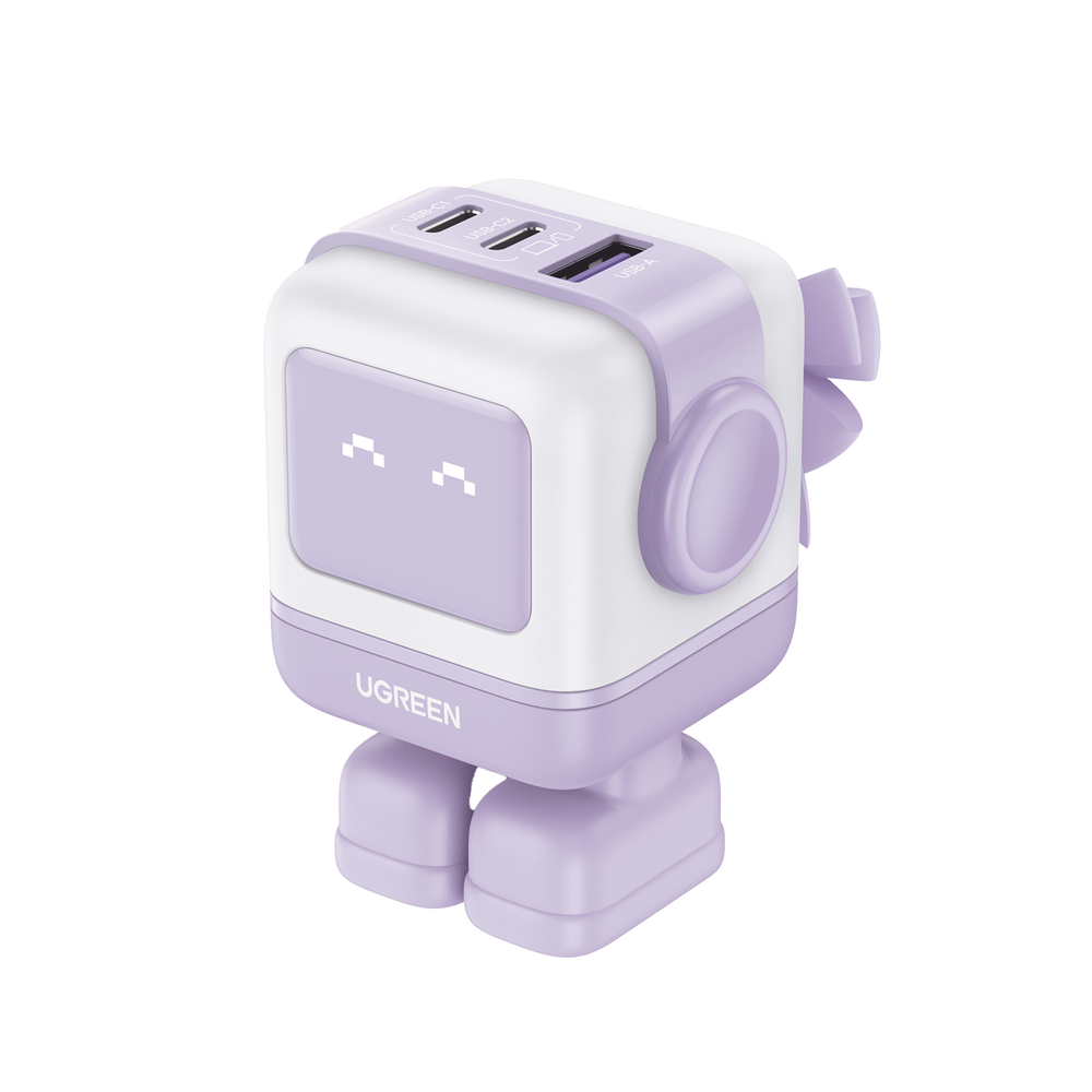 Cargador RobotGaN de 65W Serie UNO | 3 Puertos de Carga Rápida | 2 USB-C | 1 USB-A | PD 3.0 | QC 4.0 | Carga Inteligente | Tecnología GaN II | Zapato Magnético Extraíble | Carcasa Ignífuga | Pantalla LED