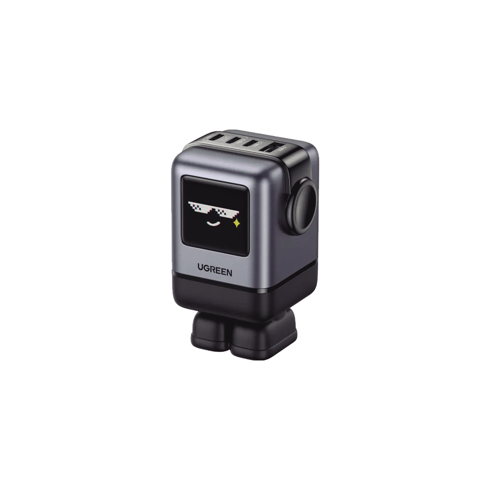 Cargador RobotGaN de 100W Serie UNO | 4 Puertos de Carga Rápida | 3 USB-C | 1 USB-A | PD 3.0 | QC 4.0 | Carga Inteligente | Tecnología GaN II | Zapato Magnético Extraíble | Carcasa Ignífuga | Pantalla LED