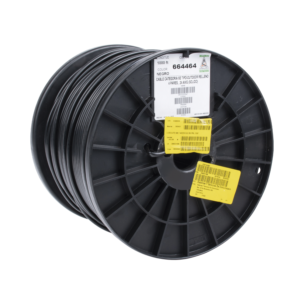 Bobina de 305 Metros (1000 Pies) Cat5e con Gel para Exterior, Color Negro, para Aplicaciones en Sistemas de Redes de Datos y Cableado Estructurado. Uso Intemperie.