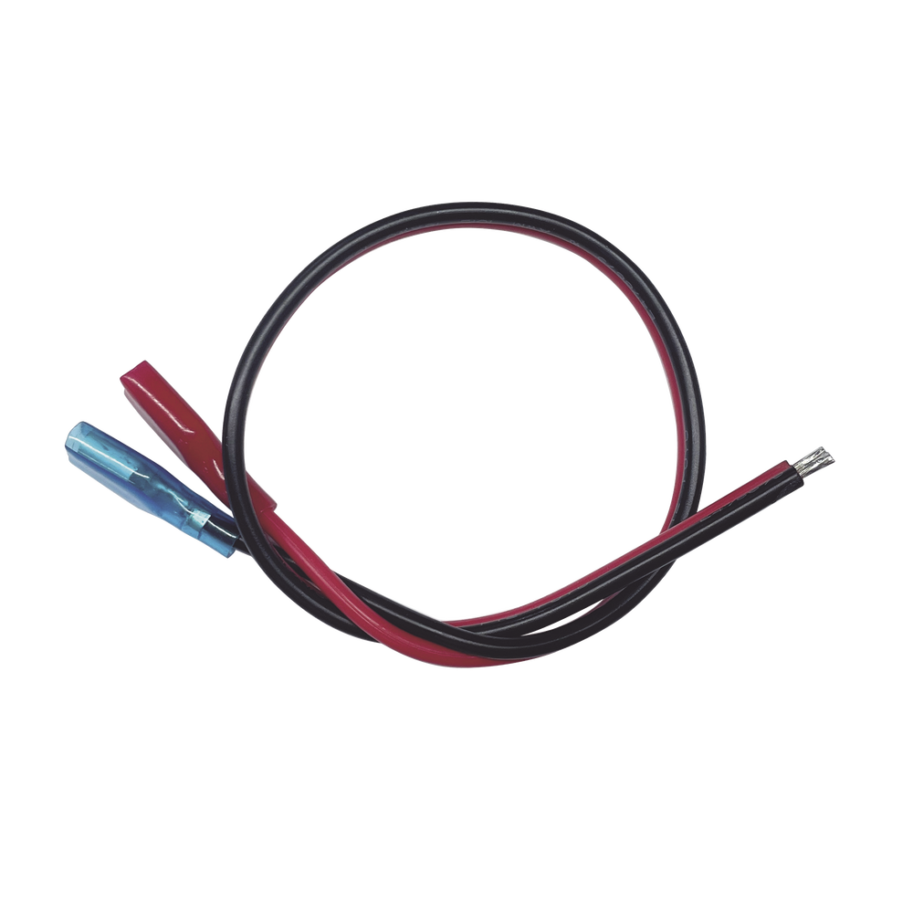 Cables en Paquete Dual / Cable Rojo y Negro / 30 cm (11.81 Pulgadas) / Terminal F1 en un Extremo / Puntas Libres en el Otro / Conexión a Baterías de Respaldo