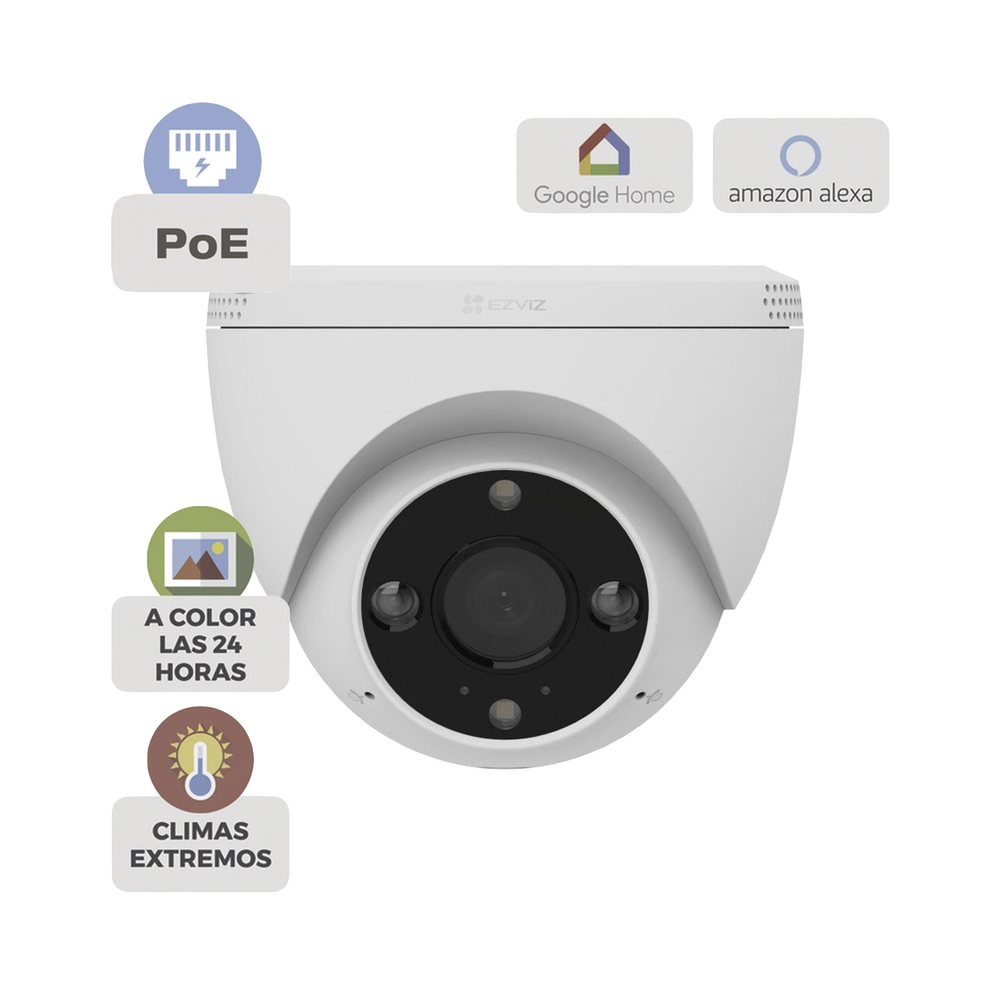 Cámara IP Domo PoE / Resolución 2K 3 Megapixel / Visión Nocturna a Color 30 m / Lente 2.8 mm 106° / Detección IA Humano/Vehículo / Audio Bidireccional / Defensa Activa con Luz y Sirena / IP67