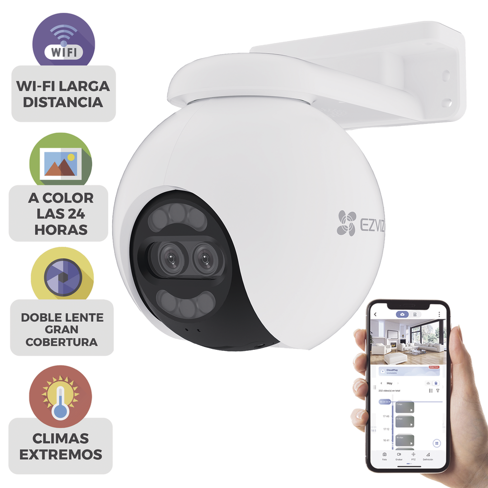 Cámara PT / Wi-Fi / Lente Dual / Panorámica 360° / Resolución 4K / Visión Nocturna ColorFULL  / IA Detección de Humanos y Vehiculos / Alarma con Sirena y Luz / IP65