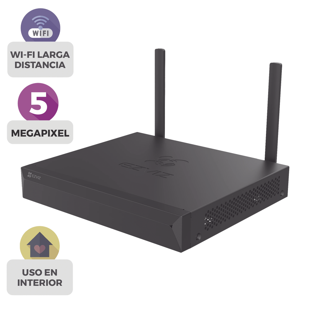 NVR 3K (5 Megapixel) / Para 4 Cámaras / 2 antenas Wi-Fi / Compresión H.265 / Almacenamiento hasta 8TB / Salida HDMI-VGA / Compatible ONVIF