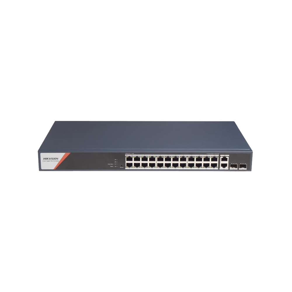 Switch Gigabit PoE+ / Industrial / Administrable / 24 Puertos 1000 Mbps PoE+ (4 Puertos PoE++ 90 W) / 2 Puertos 1000 Mbps de Uplink / 2 Puertos SFP / Configuración Nube Hik-PartnerPro / Modo Extendido hasta 300 Metros / 370 W