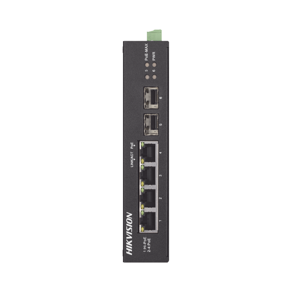 Switch Industrial No Administrable Gigabit / 3 Puertos Gigabit PoE+ (30 W) + 1 Puerto Gigabit PoE++ (60 W) / 2 Puertos SFP / 65 W Total / 48 a 57 VCD / Ideal para Proyectos / 300 Metros de Distancia