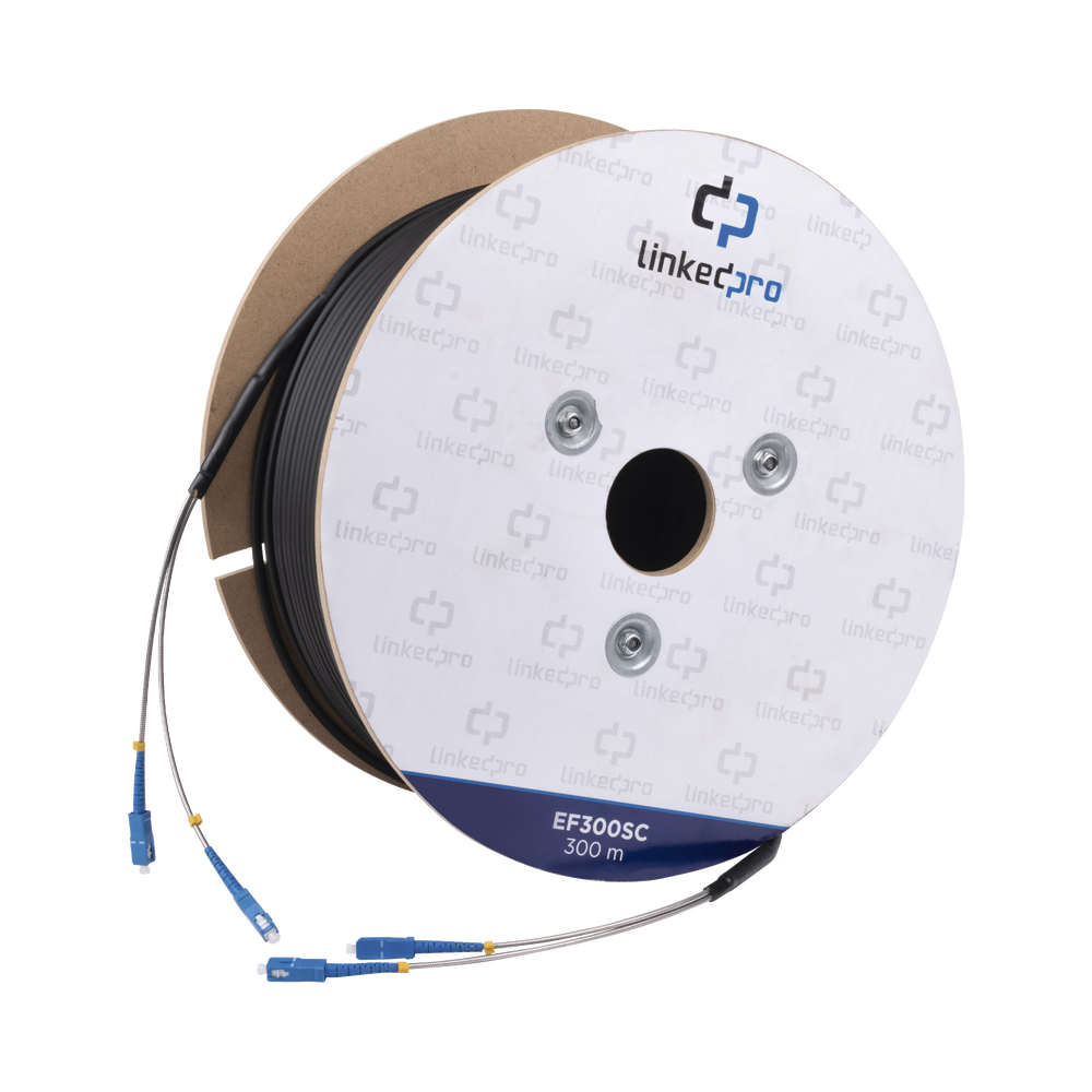 Carrete de Fibra Óptica Monomodo con Conectores SC-SC Duplex, Reforzada con Kevlar, de 300 Metros (984.25 Pies), Para Instalaciones Subterráneas por Tubería