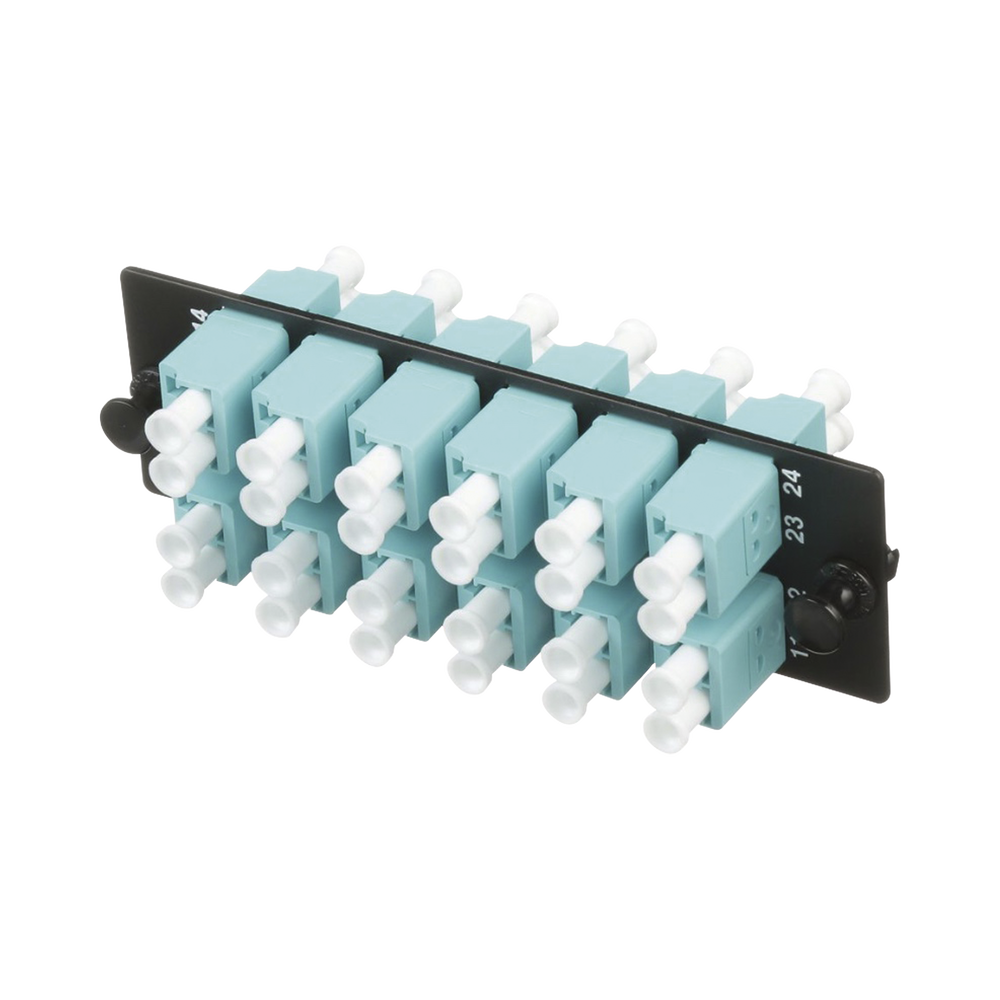Placa Acopladora de Fibra Óptica FAP, con 12 Conectores LC Duplex (24 Fibras), para Fibra Multimodo OM3/OM4, Color Aqua