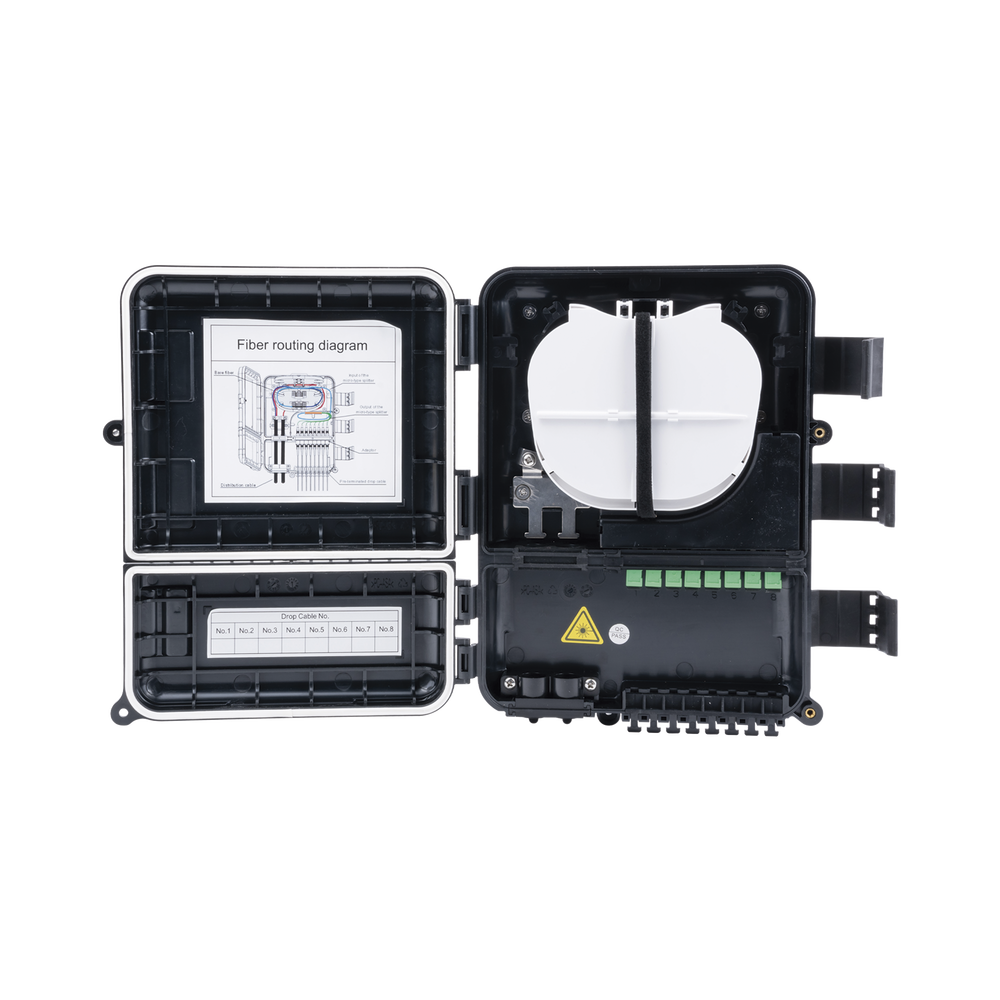 Caja de Distribución de Fibra Óptica para 24 Empalmes, con 8 Acopladores SC/APC Simplex, Exterior IP55, Color Negro - Imagen 5