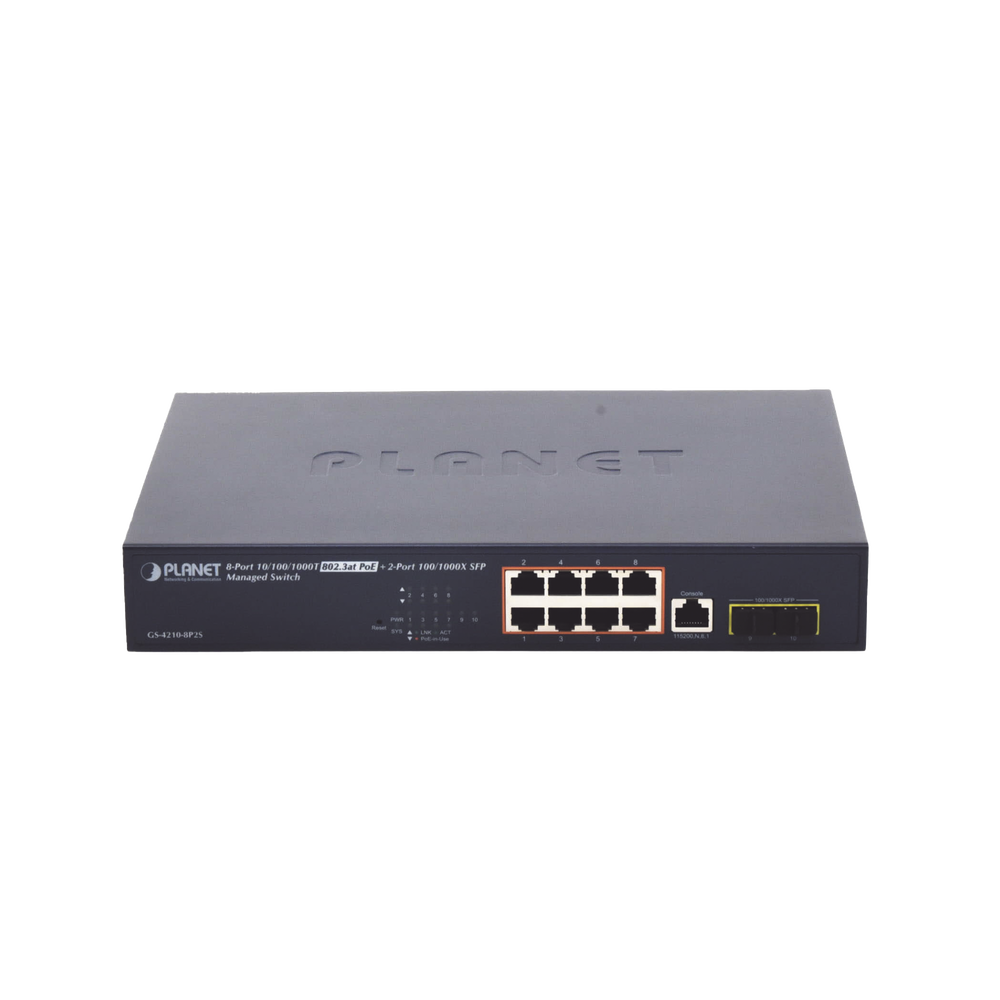 Switch Administrable Capa 2, 8 Puertos PoE 802.3af/at Gigabit, 140 W Max, 2 Puertos SFP, Modo Extendido Hasta 250 m, Soporta Administración en Nube CloudNMS ( HW Rev. 3.0 en Adelante).