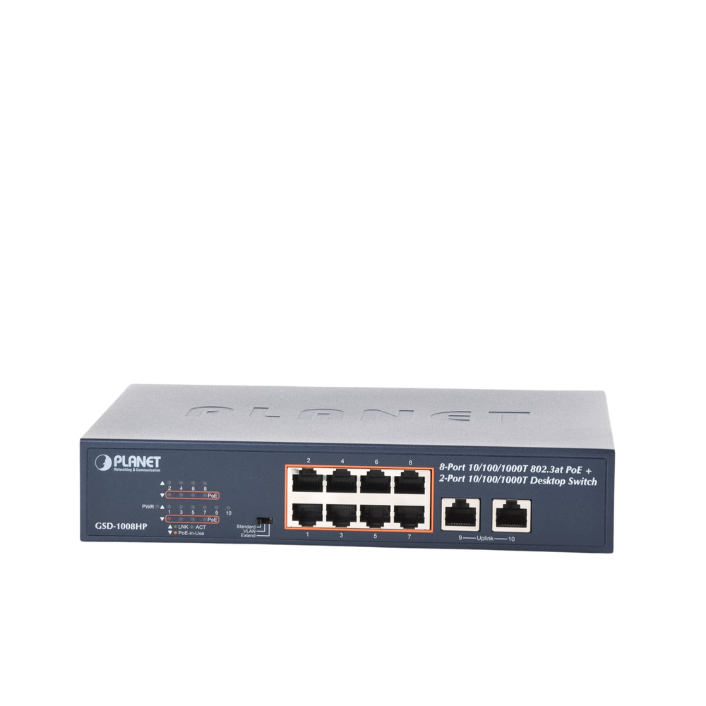 Switch de Escritorio No Administrable / 8 Puertos 10/100/1000T PoE+ 802.3at / 2 Puertos Uplink 10/100/1000T / Presupuesto PoE 120 Watts / Modos Estándar, VLAN y Extend / Distancia Extendida 250 mts / Rackeable - Imagen 4