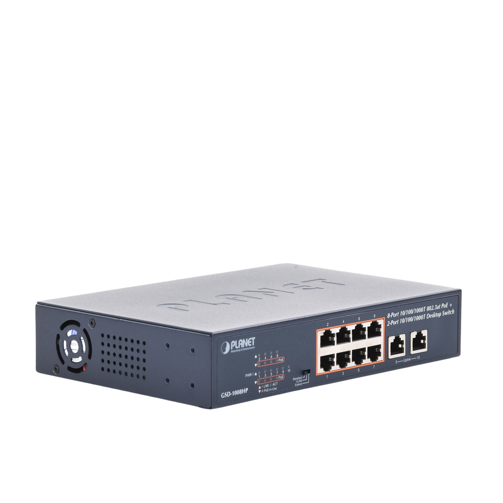 Switch de Escritorio No Administrable / 8 Puertos 10/100/1000T PoE+ 802.3at / 2 Puertos Uplink 10/100/1000T / Presupuesto PoE 120 Watts / Modos Estándar, VLAN y Extend / Distancia Extendida 250 mts / Rackeable - Imagen 6