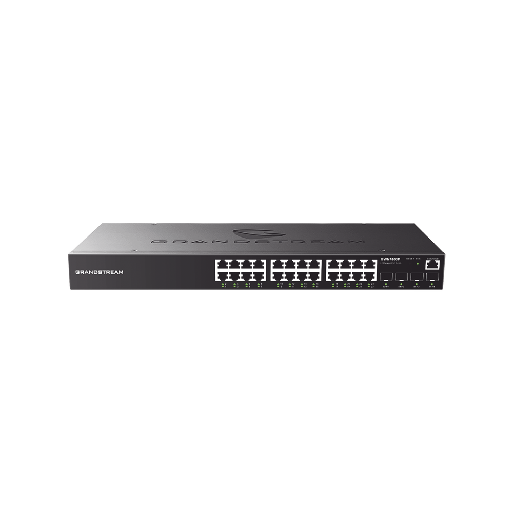 Switch PoE+ Administrable / 24 Puertos 10/100/1000 Mbps + 4 SFP / 360W PoE Total / Switching 56 Gbps / Cloud GWN Sin Costo / Montable en Rack