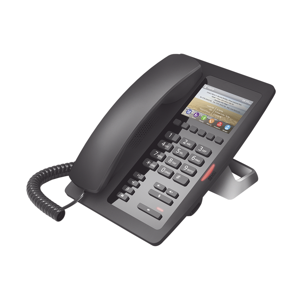 Teléfono IP Hotelero / Pantalla LCD Color 3.5" / 2 Líneas SIP / 6 Teclas Programables Hotline / Puerto USB Carga / PoE 802.3af / Personalizable con Logo Hotel - Imagen 3