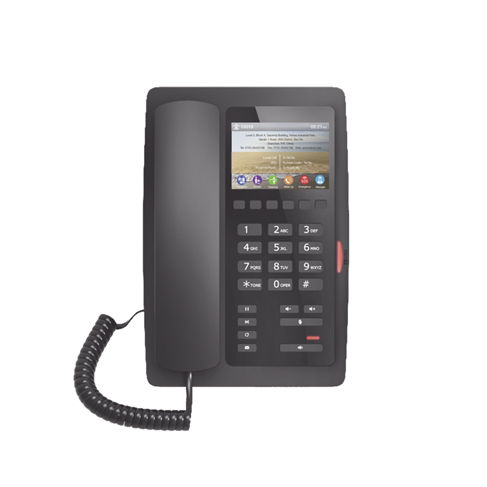 Teléfono IP Hotelero / Pantalla LCD Color 3.5" / 2 Líneas SIP / 6 Teclas Programables Hotline / Puerto USB Carga / PoE 802.3af / Personalizable con Logo Hotel - Imagen 4