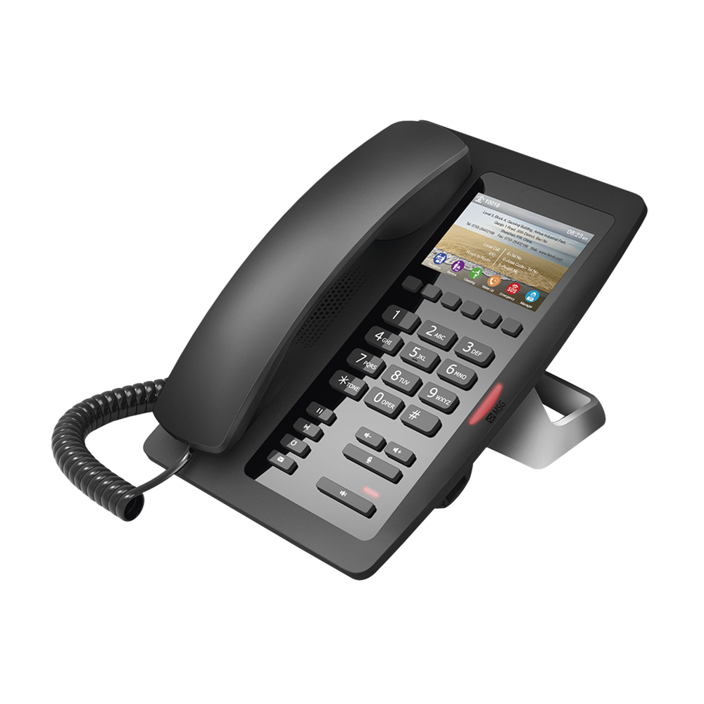 Teléfono IP Hotelero / Pantalla LCD Color 3.5" / 2 Líneas SIP / 6 Teclas Programables Hotline / Puerto USB Carga / PoE 802.3af / Personalizable con Logo Hotel