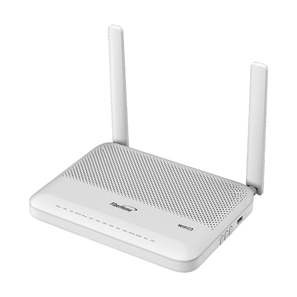 ONU GPON WiFi 6, Doble Banda (2.4/5 GHz), 2 Antenas de 5 dBi, Compatible con OLT de Terceros, 4 puertos Gigabit Ethernet + 1 POTS + 1 USB + 1 CATV (RF), conector SC/APC,(Gestión WAN desde la Interfaz de la ONU)