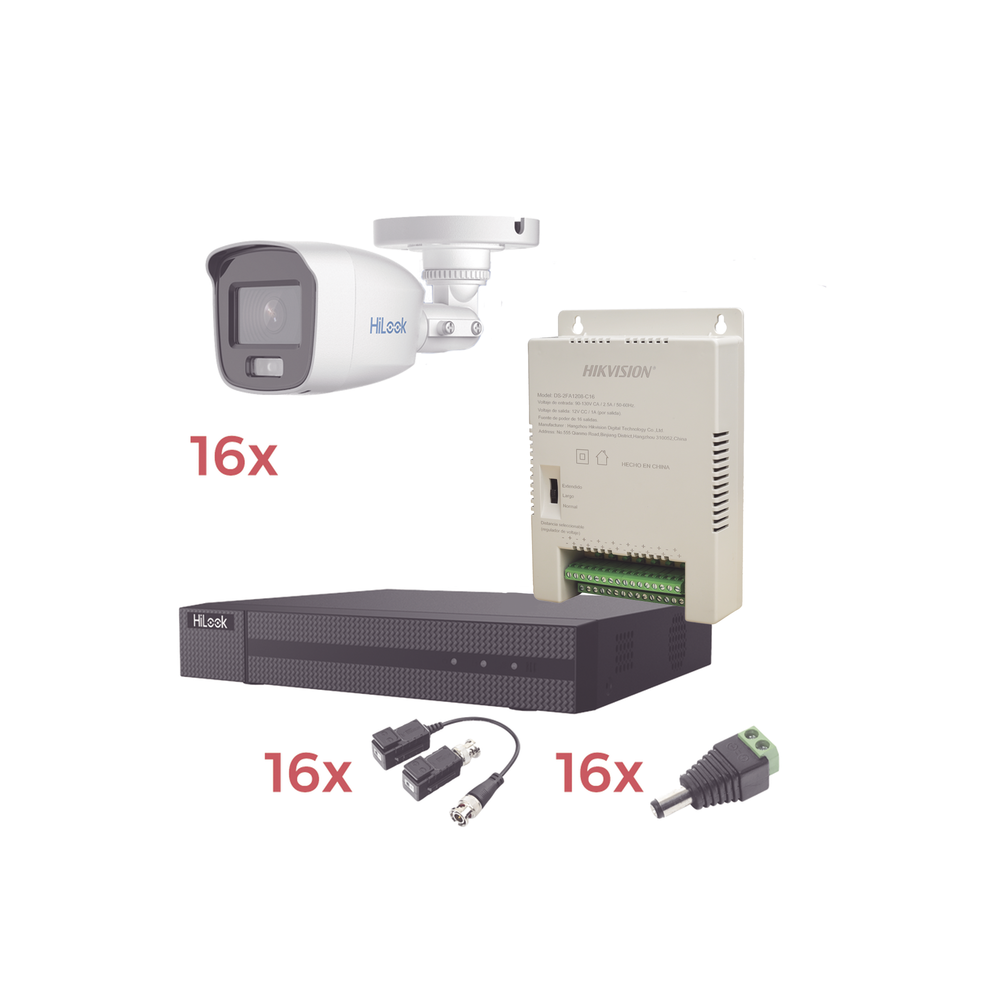 Kit TurboHD 1080p Lite / DVR 16 Canales / 16 Cámaras Bala Exterior ( 2.8mm) con ColorVu + Micrófono Integado / Transceptores / Conectores / Fuente de Poder Profesional