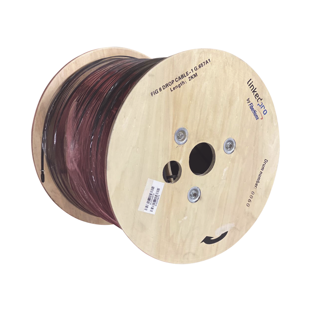 Carrete de 2 Kilómetros (6561.68 Pies) de Fibra Óptica Aérea Mini Figura 8 G.657A1 Tipo Drop, Monomodo de 1 Hilo (Unifibra), Color Negro, Span 80