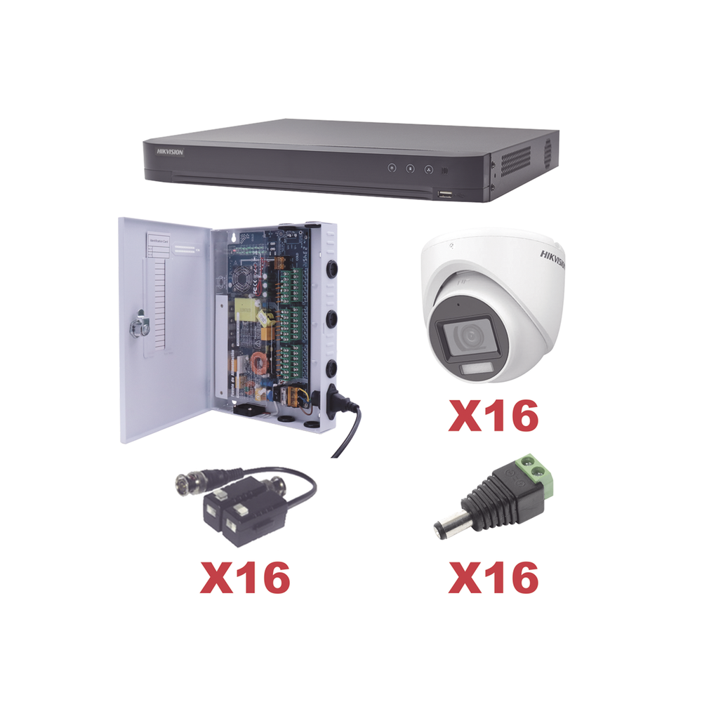 KIT TurboHD 1080p / DVR 16 Canales / 16 Cámaras Turret con Audio Integrado (Exterior 2.8 mm) / Transceptores / Conectores / Fuente de Poder Profesional
