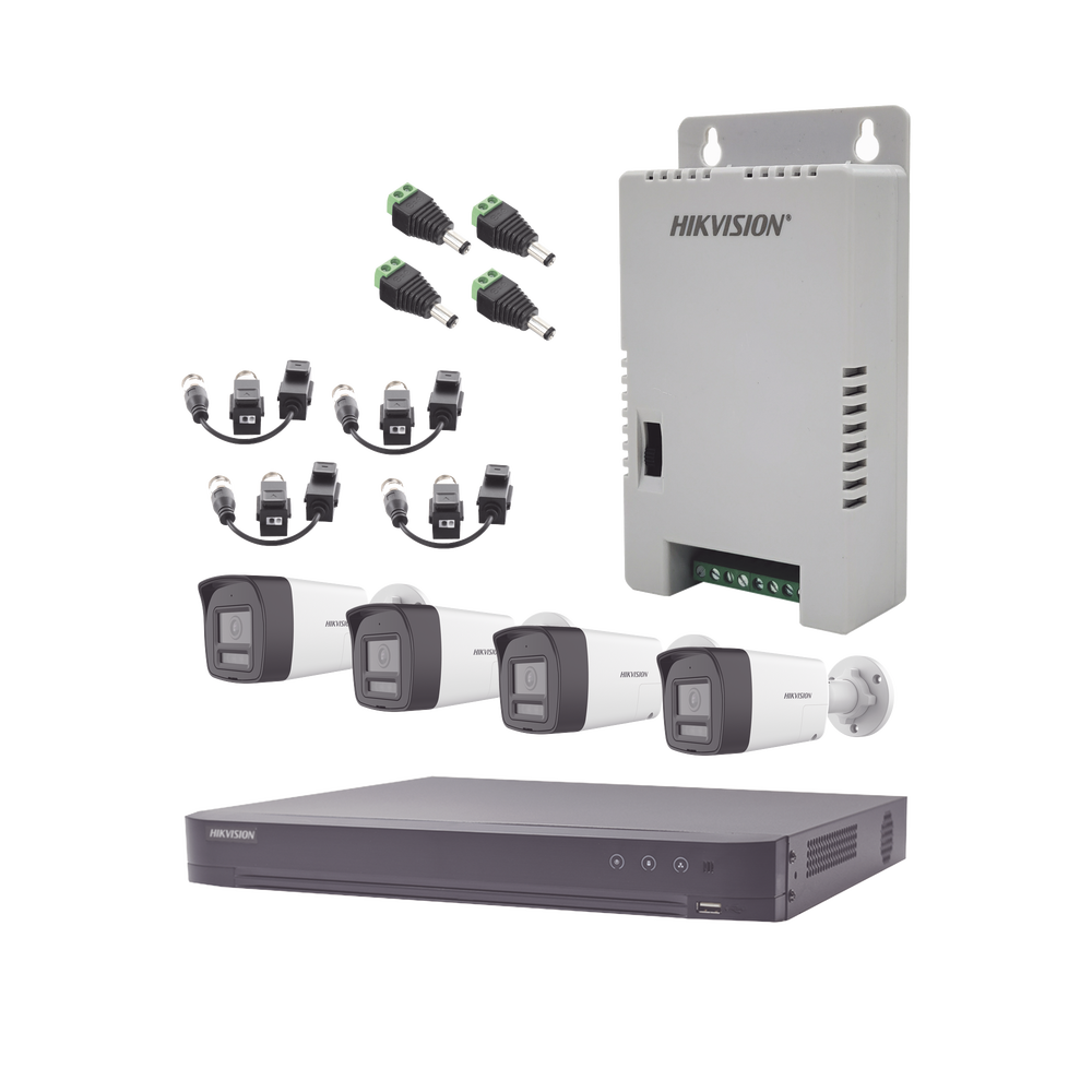 Kit Audio Bidireccional TurboHD 3K Real / DVR 4 Canales 4K / 4 Cámaras Bala (Exterior) con Bocina y Microfóno Integrado 3K / 1 Fuentes de Poder / Accesorios