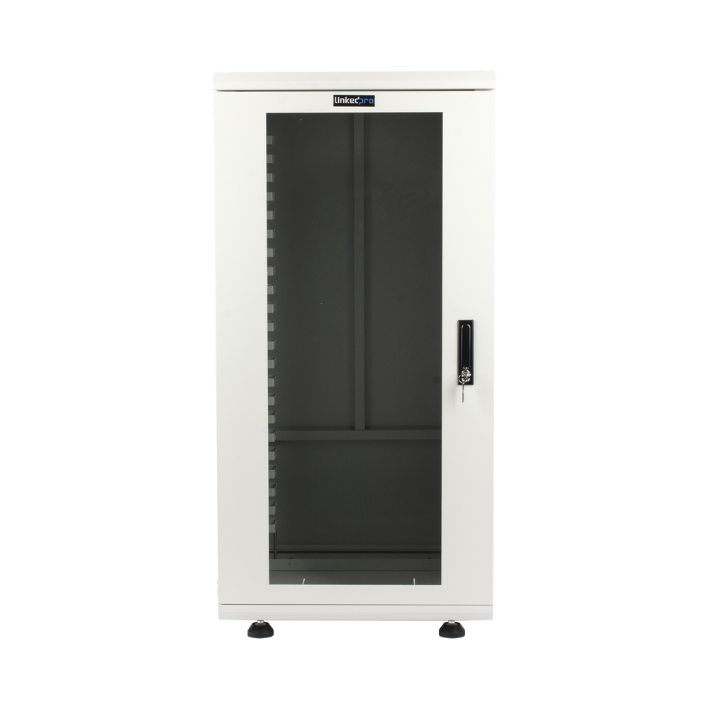Gabinete Rack 24 Unidades / 19 Pulgadas / Puerta de Cristal / Piso / Acero Calibres 16-18-20 / 750 Kg Carga / 600x605x1190 mm (23.6x23.8x46.9 in) / Vidrio con Cerradura, Niveladores Incluidos