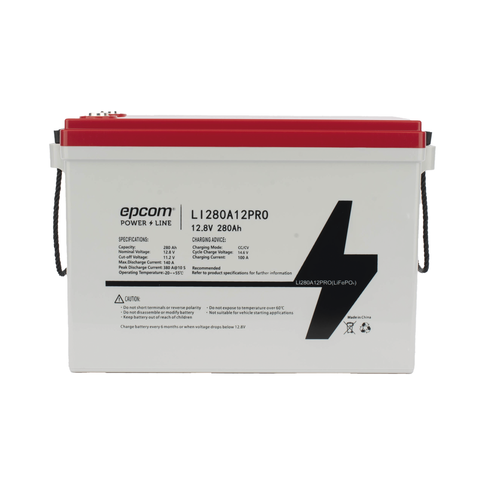 Batería de Litio Ciclo Profundo / 12.8 Vcc 280Ah (3.58 kWh) / LiFePO4 / 6000 Ciclos / Descarga 140A / Carga Rápida 100A / Solar y Marina / BMS con Corte a 11.2V