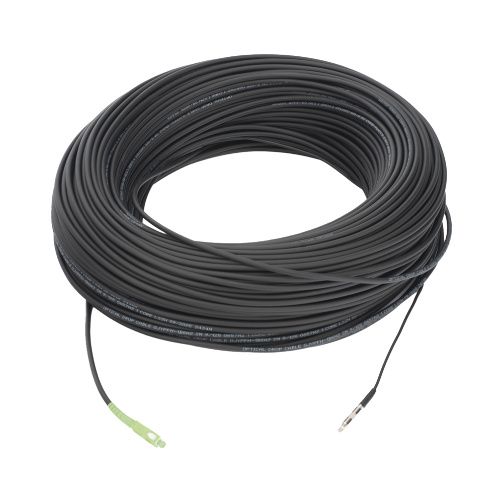Rollo de Fibra Óptica Drop Redonda G657A2 Monomodo Simplex de 150 Metros (492.13 Pies) con Conectores SC/APC-SC/APC para Instalaciones Aéreas, Subterráneas o a la Intemperie