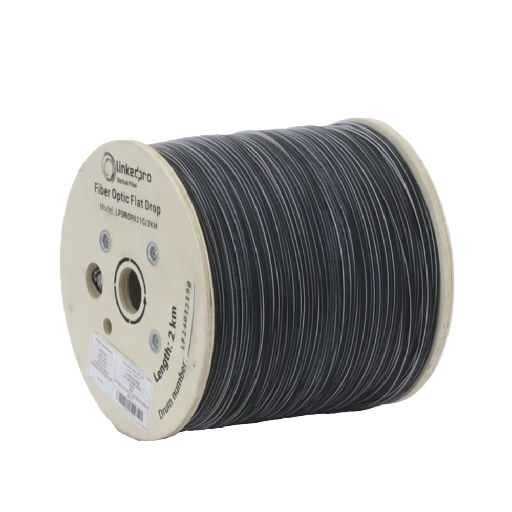 Carrete de 2 Kilómetros de Fibra Óptica Drop Plana, Interior/Exterior G.657A2 Monomodo de 1 Hilo (Unifibra), Dieléctrica, Forro Negro, Compatible con Conectores FASC, FASCUP, FASCLC