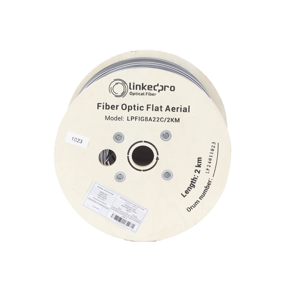 Carrete de 2 Kilómetros (6561.68 Pies) de Fibra Óptica Aérea Mini Figura 8 G.657A2 Tipo Drop Plana, Monomodo de 2 Hilos (Bifibra), Color Negro, (No Soporta Conectores Mecánicos)