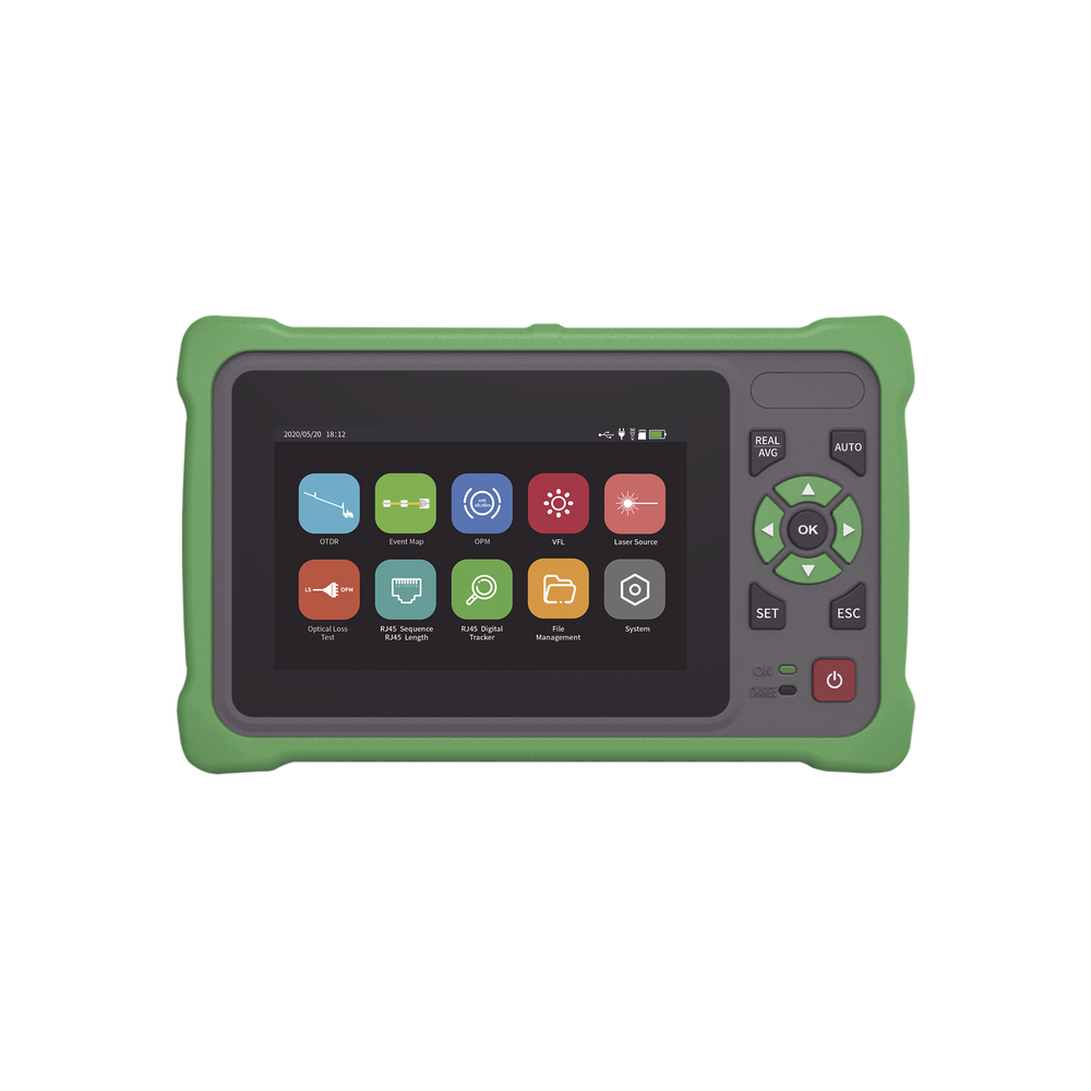 OTDR Touch para Pruebas en los Enlaces de Fibra Óptica / Longitudes de Onda 1310nm y 1550nm / Función VFL 10mW / Función OPM / Función de Mapeo de Cables de Red RJ45 / Recargable / Distancia de Prueba de hasta 260 Kilóme