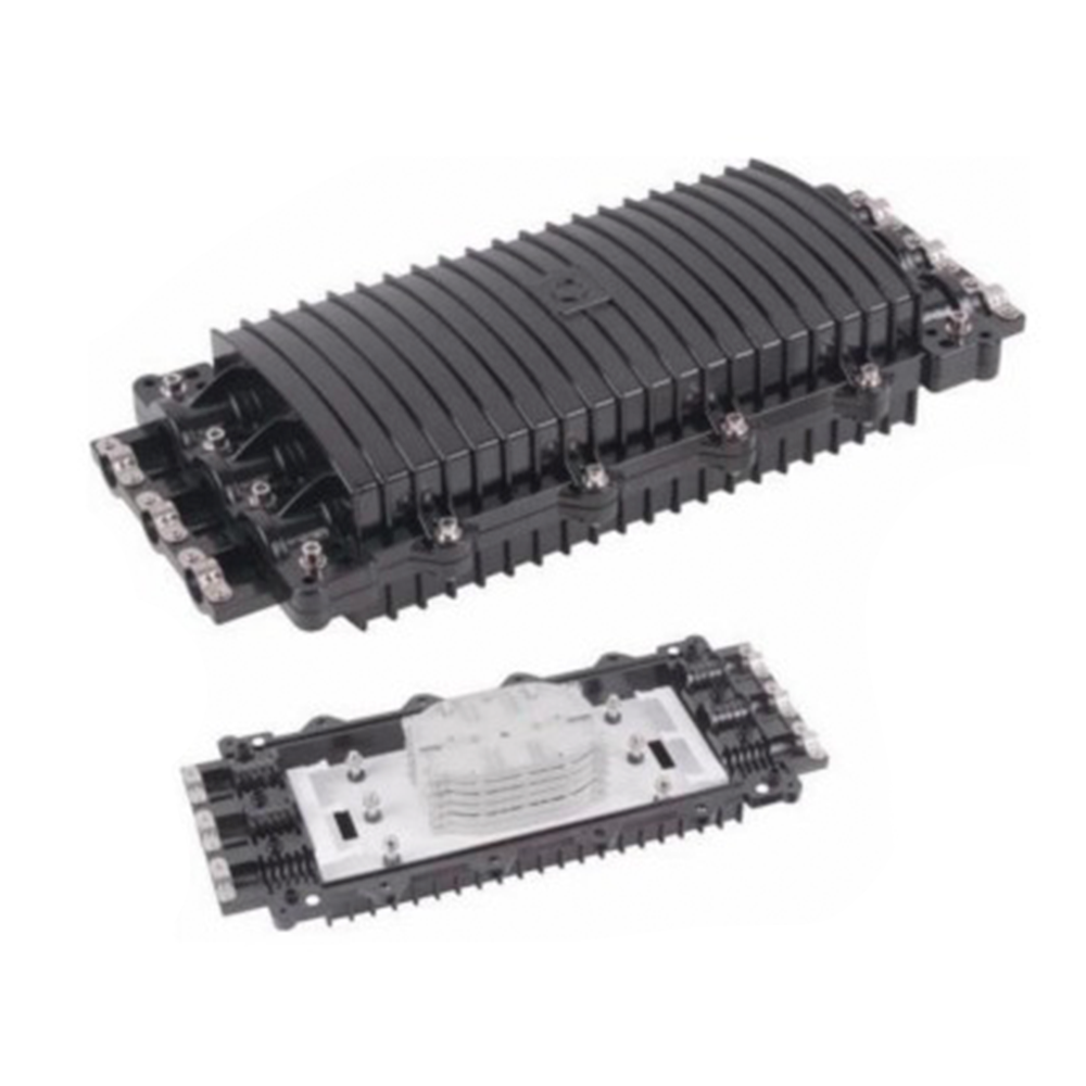 Caja de Distribución de Fibra Óptica Horizontal, hasta 96 Empalmes, Exterior IP68, 3 Puertos de Entrada y Salida