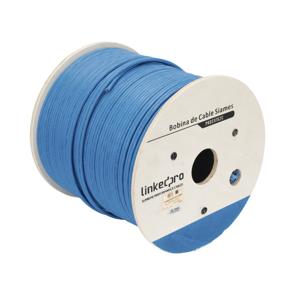 Bobina de Cable Siamés Cat6 UTP 100% Cobre + 2 Cables Gruesos (18 AWG) para Alimentar Cámaras Más Lejos / 152 Metros (500 Pies) / Instalación en Exterior / Uso Industrial para Climas Extremos