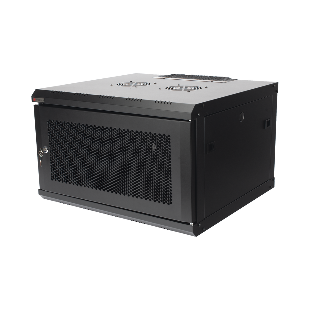 Gabinete de Pared PRECISION 19 in 6UR (455mm) - Puerta Perforada Incluye: 2 Ventiladores y Panel Cepillo