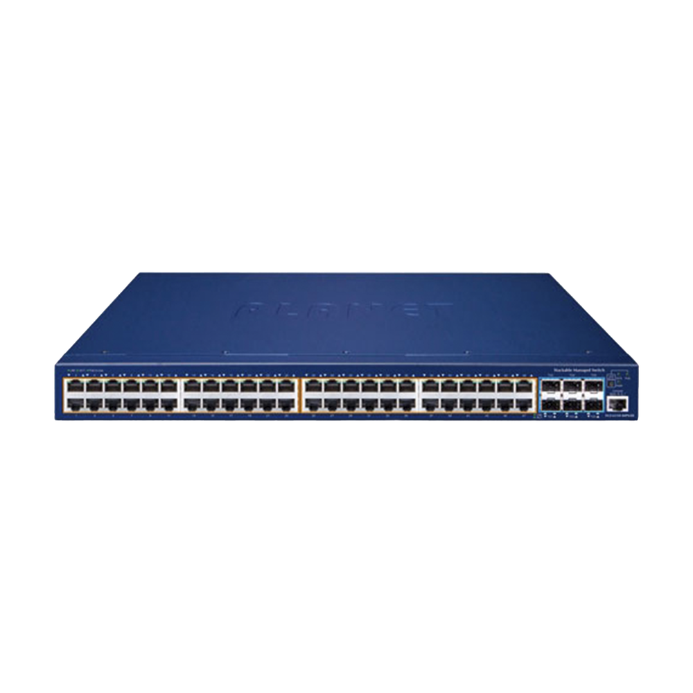 Switch Administrable Stacking Capa 3, 48 Puertos PoE Gigabit 802.3at, 6 Puertos SFP de 10 G, Entrada de Alimentación Redundante de 55 V cc.