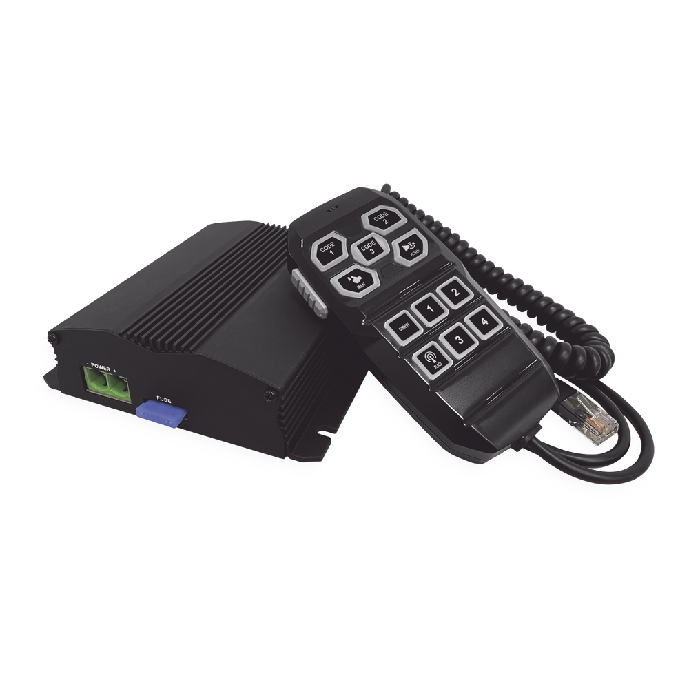 Sirena Vehicular de 100W de Potencia, Incluye Controlador Unimando Para Control de Tonos, 4 Salidas Auxiliares y Microfono