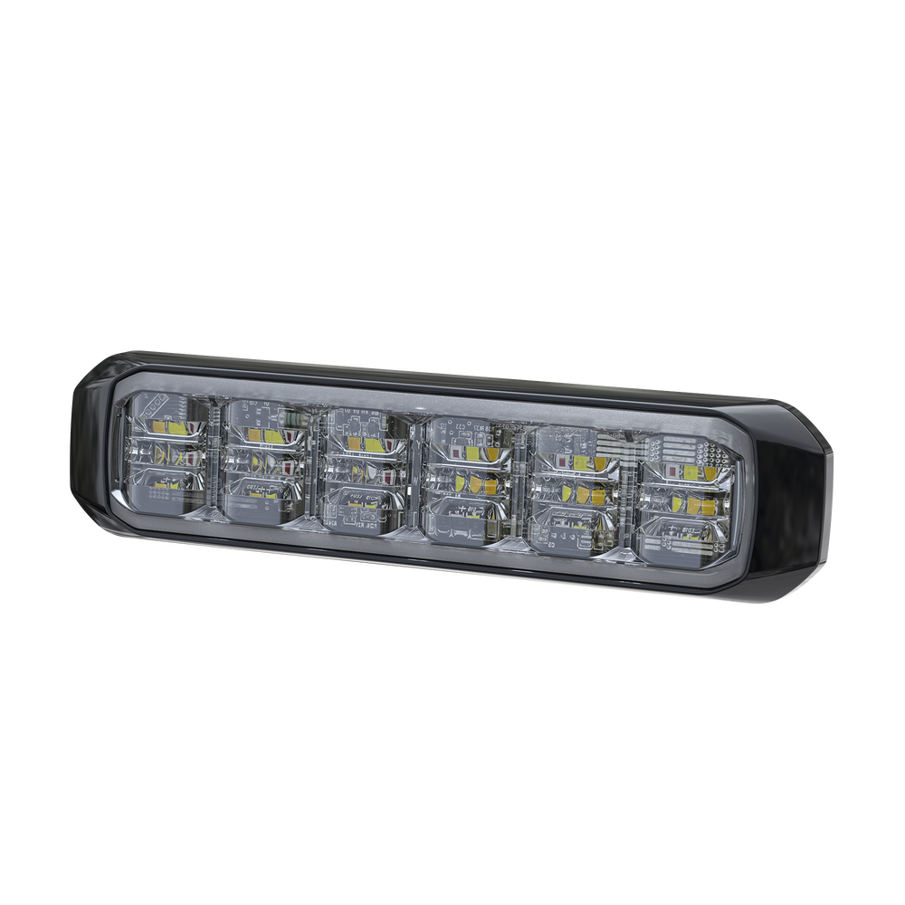 Luz Auxiliar de 18 LED, Tricolor Rojo/Blanco/Azul, Lente Transparente, Bisel Negro, SAE