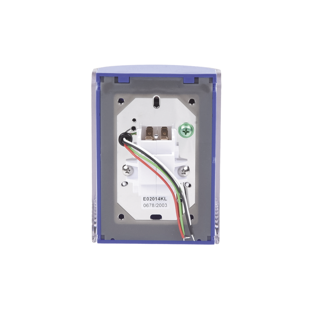 Botón Multipropósito, Color Azul, De Superficie, Con Tapa De Policarbonato, Con Bocina Pre Alarma, Solo Interior, Llave Para Restablecer, Texto De Emergencia, Español - Imagen 4