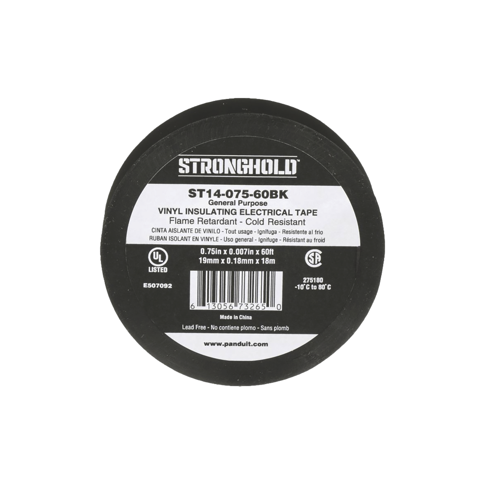 Cinta Eléctrica STRONGHOLD para Aislar, de PVC, Uso General Reparación y Mantenimiento, Grosor de 0.18mm (7 mil), Ancho de 19mm, y 18m de Largo, Color Negro