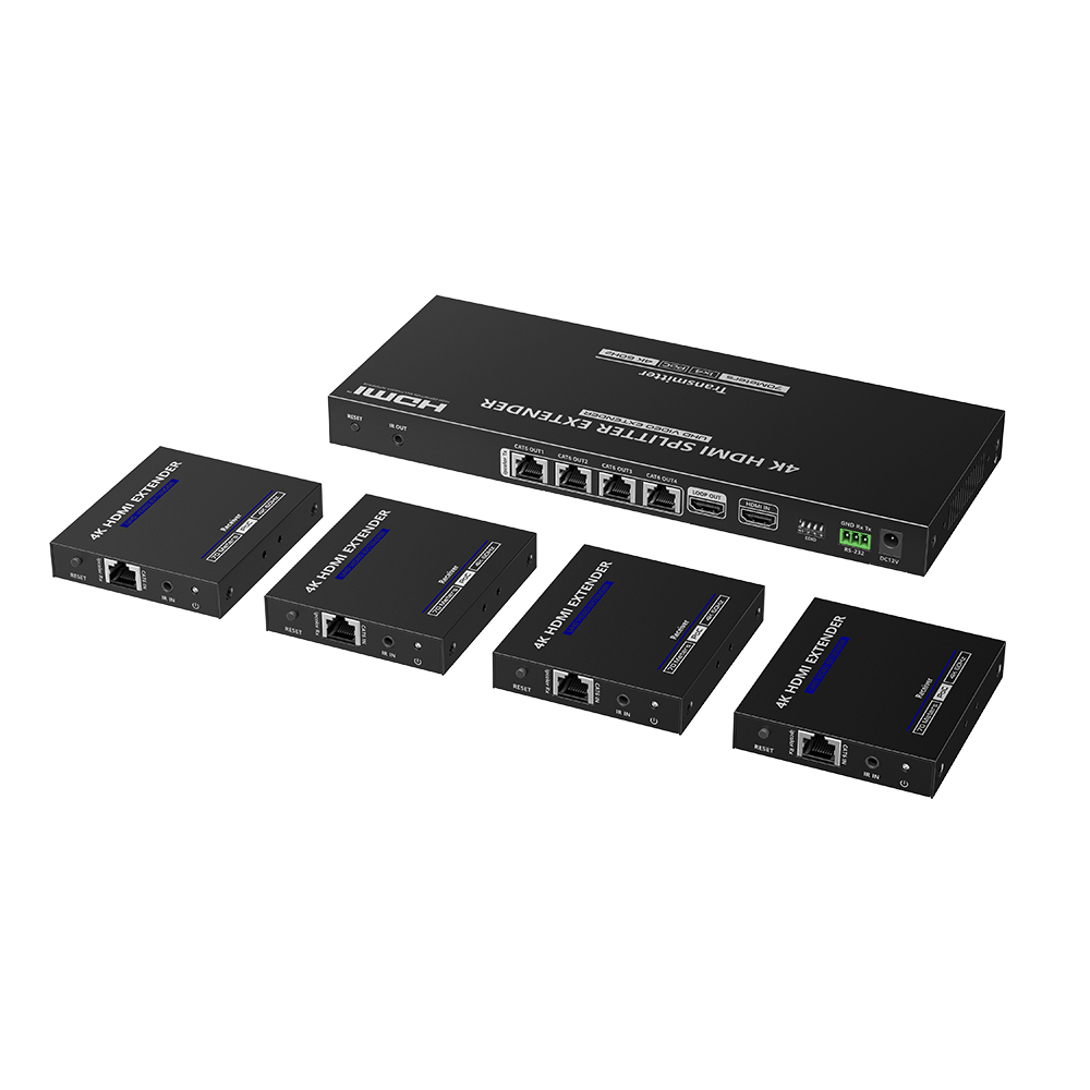Kit Divisor y Extensor HDMI | 1x4 | Hasta 70 m |Resolución 4K @ 60 Hz |  Cat 6/6a/7 | IPCOLOR | CERO LATENCIA  | EDID | RS232 | Salida Loop / PoC