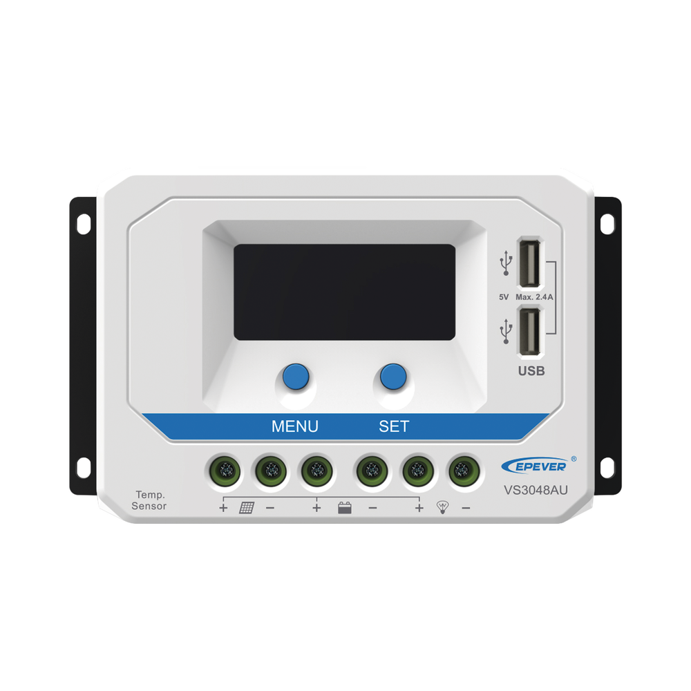 Controlador Solar PWM / 30A / 12/24V/36/48V / Doble USB / Pantalla LCD / Tierra Positivo Común