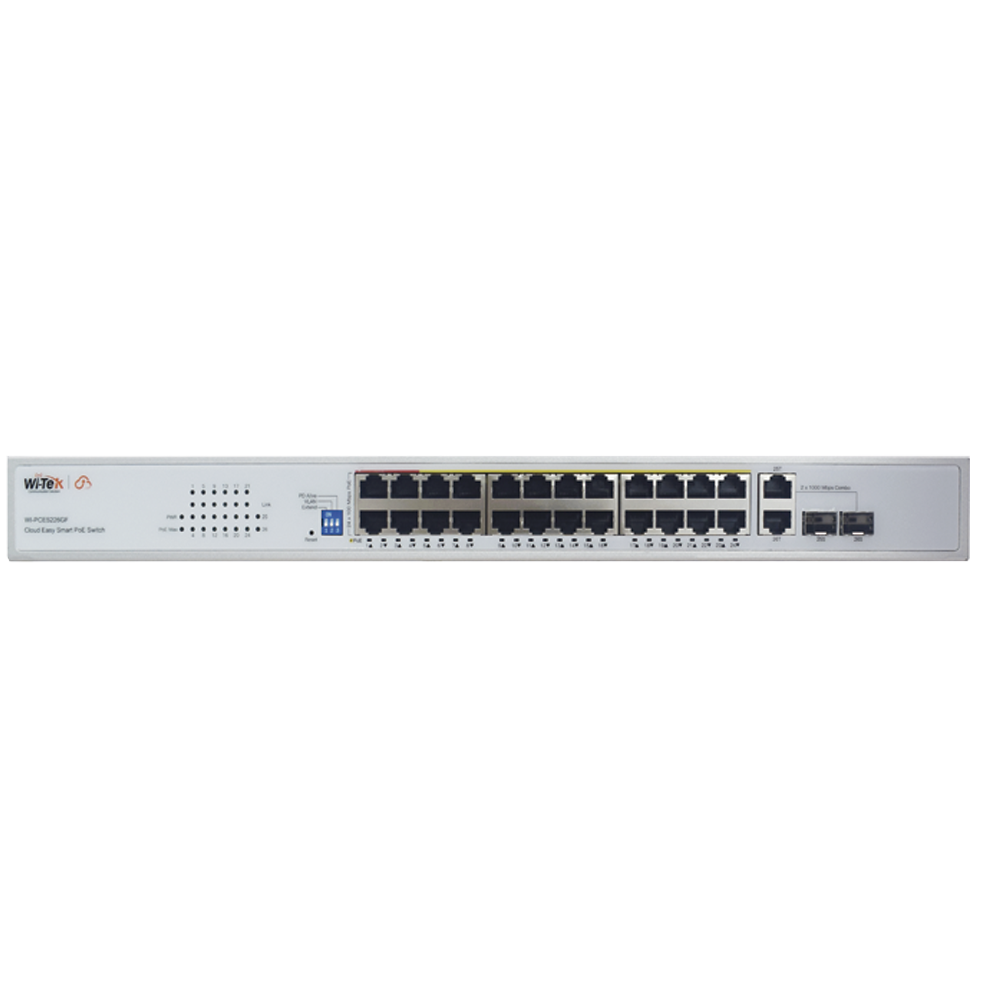 Switch PoE (802.3af/at/bt) / No administrable de largo alcance / Hasta 250m / Con 24 x 10/100Mbps + 2 x SFP Gigabit Combo / 280 W