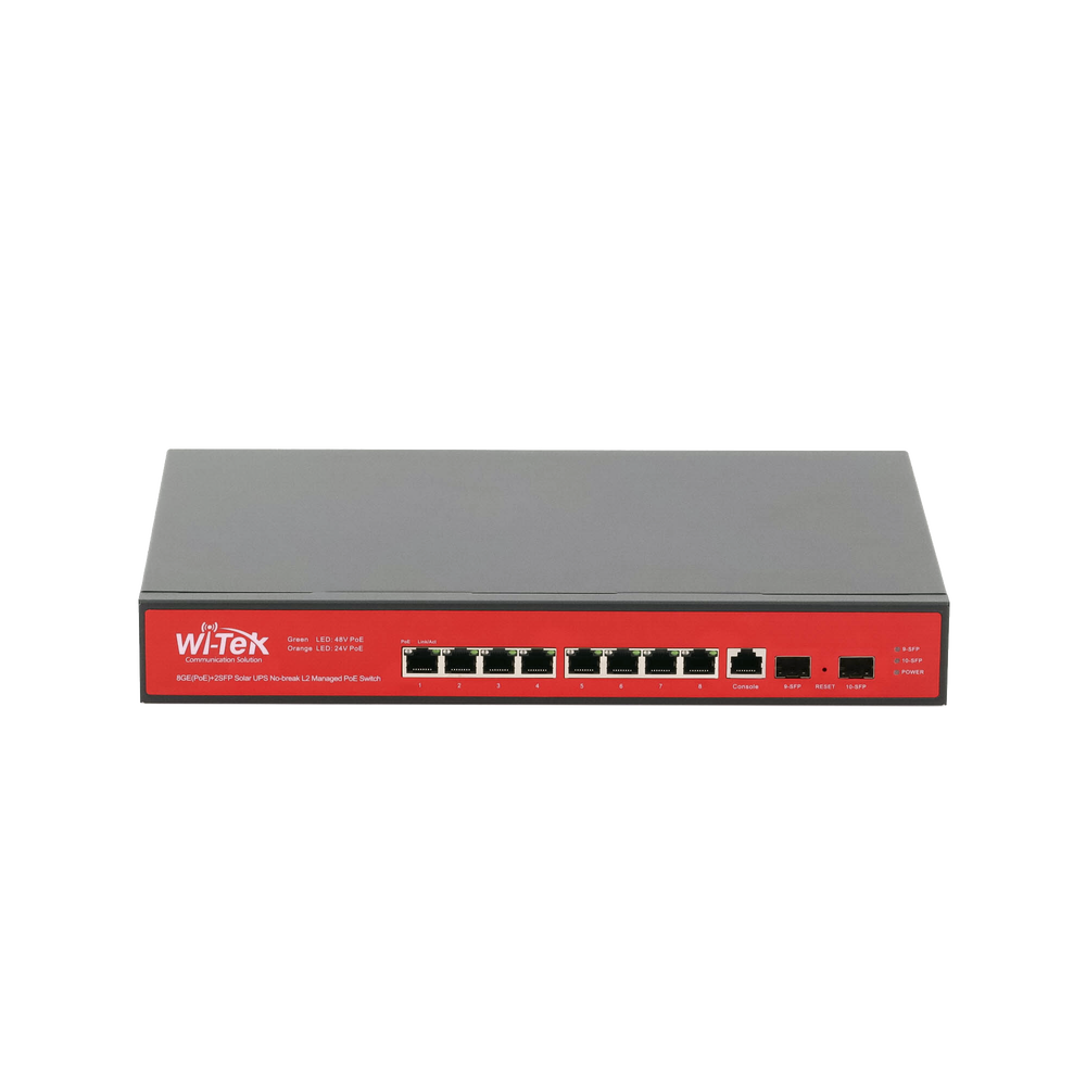 Switch Administrable Capa 2 de 8 puertos 10/100/1000 PoE af/at + 2 x SFP Gigabit, con respaldo para energía solar