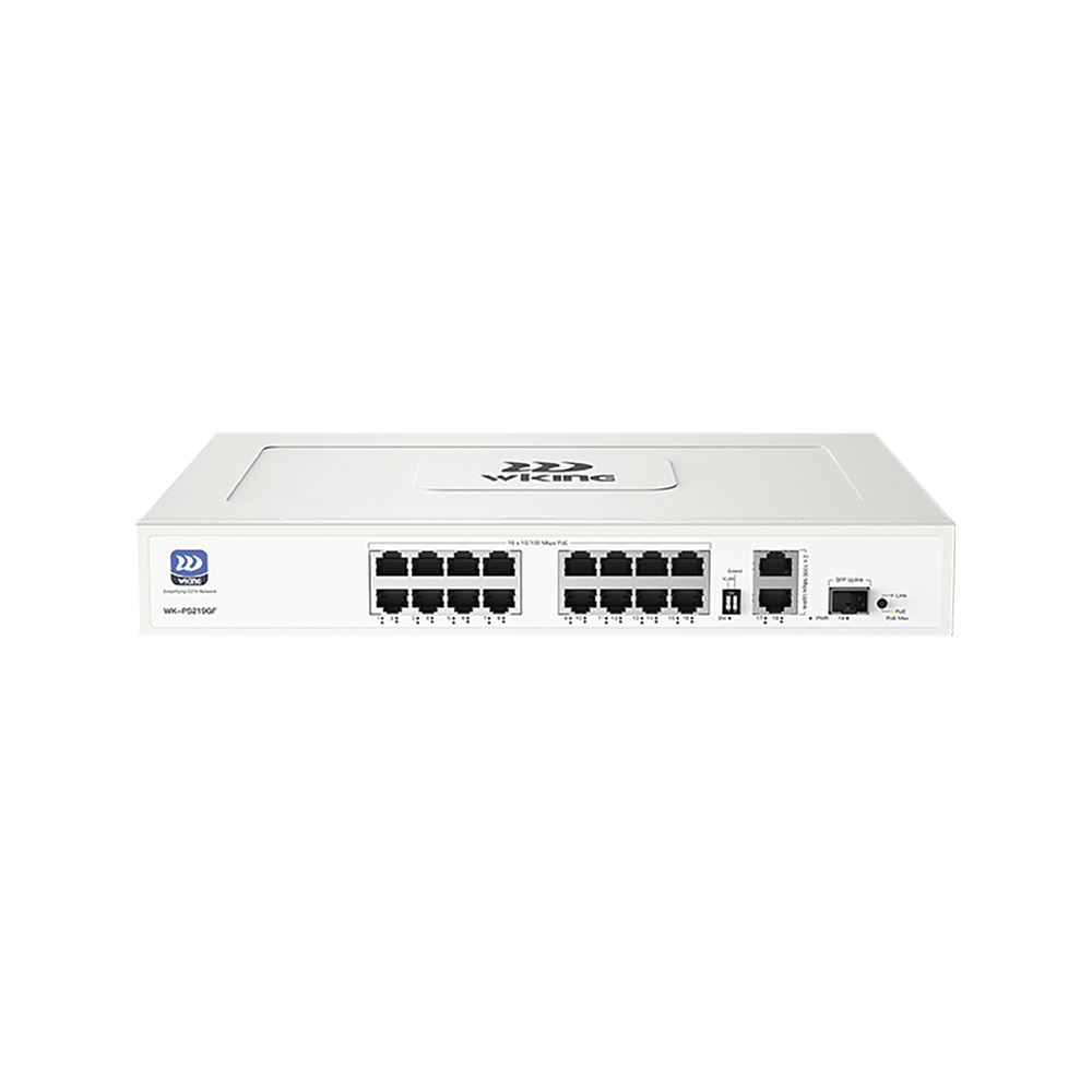 Switch no administrable PoE WI-TEK / Gestión Cloud / 16 Puertos 10/100 Mbps PoE af/at / 2 Puertos Uplink Gigabit / 1 Ranura SFP 1000 Mbps / Presupuesto 180 W / Puerto 1 Hi-PoE 60W