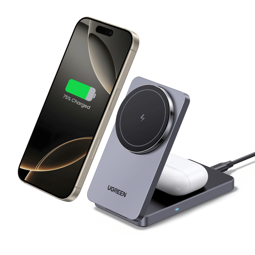 Cargador Inalámbrico 2 en 1 20W / Tecnología Qi2 15W Certificada / Carga Simultánea iPhone y AirPods / Ángulo Ajustable 70° / Diseño Plegable y Portátil / Compatibilidad Universal - Imagen 3