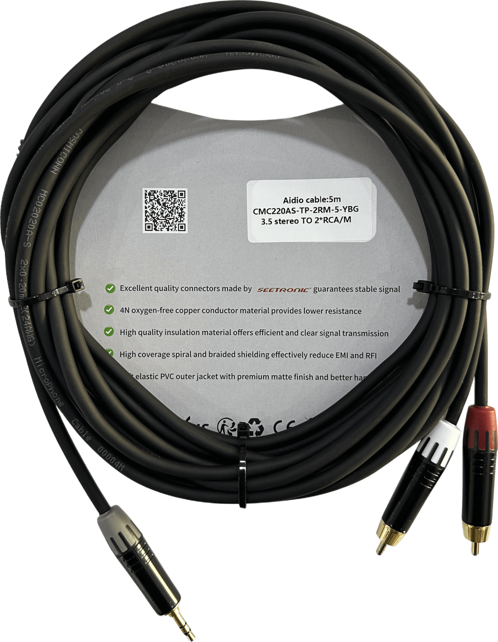 Cable 3.5mm a 2 RCA, conectores negros, con diferenciador de blanco y rojo en RCA MT380-RD - MT380-WH - MTP3C-BG, length 5m - Imagen 2