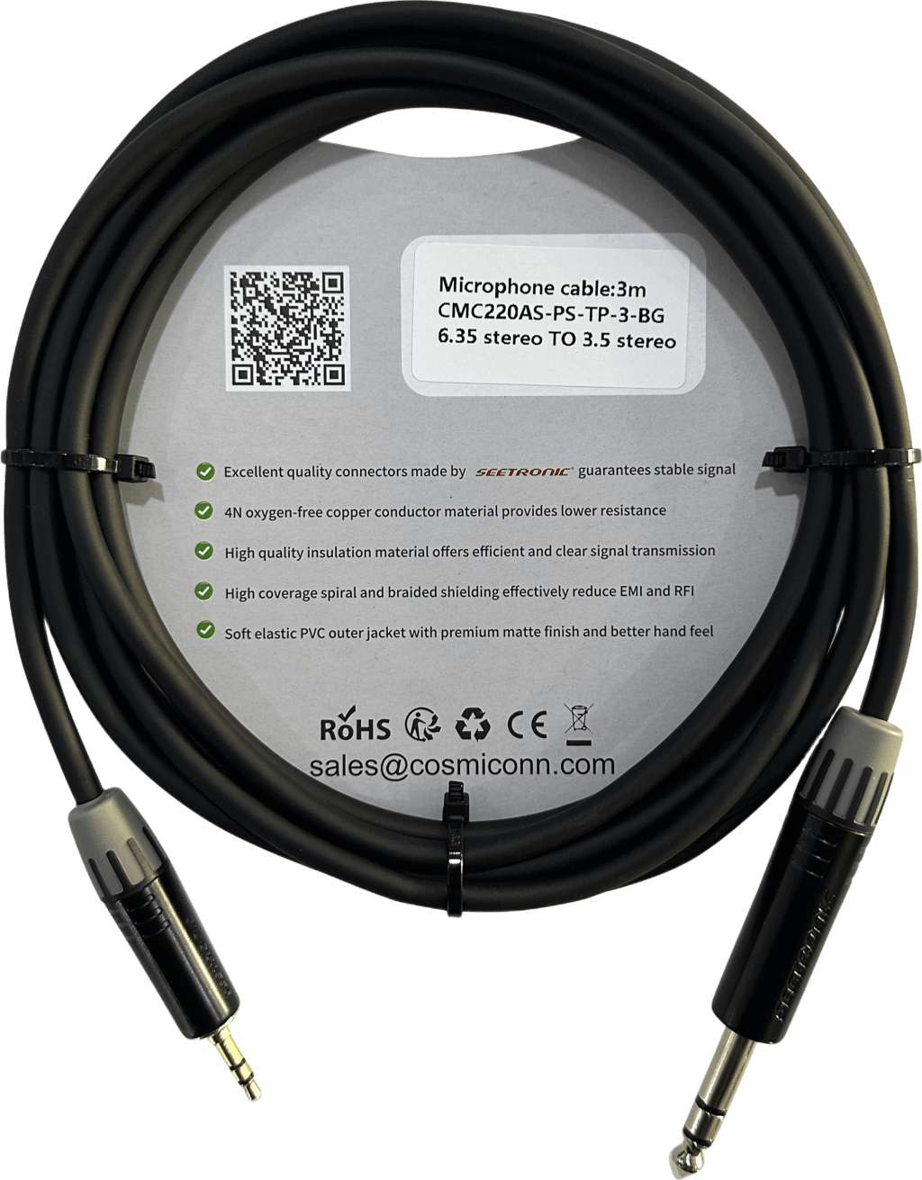 Cable 6.35mm a 3.5mm, conectores color negro MP3X-B - MTP3C-BG, length 3m - Imagen 2