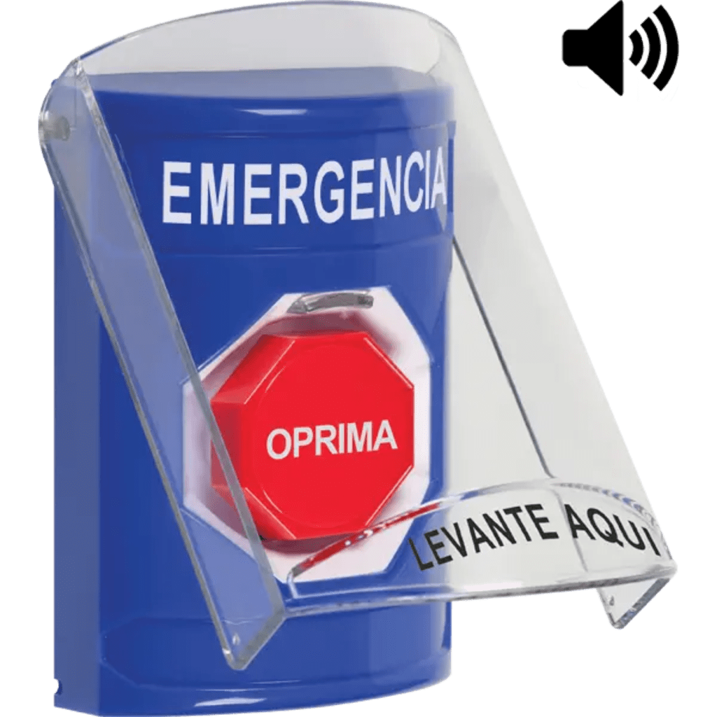 ​Botón Multipropósito, Color Azul, De Superficie, Con Tapa De Policarbonato, Con Bocina Pre Alarma, Solo Interior, Llave Para Restablecer, Texto De Emergencia, Español